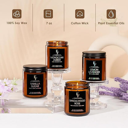 Scented Candles for Home Scented Aromatherapy Candles, 4 Pack 28 Oz Soy Wax Candle Gift Set for Women Men (Lemon Lavender/Vanilla Sugar/Sandalwood Rose/Moroccan Amber)