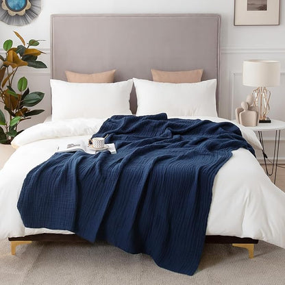 EMME Cotton Muslin Blanket King Size - Soft, Breathable Layering Blanket, 108"x90", All Season Gauze, Navy