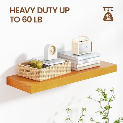 Honey Oak Brown Floating Wall Shelves 24 Inches Long x 8”x 1.4” Wooden Shelf Floating Rustic Farmhouse Decor, Heavy Duty Shelf Hold 60 lbs, Wall Shelves for Bathroom Living Room Kitchen Bedroom Office
