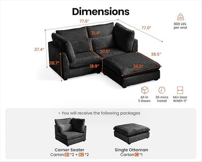 Oversized Modular Sofa, Extra Deep Cloud Corduroy Sectional Couch with Ottoman Chaise, Fluffy Chenille Loveseat L Sofa for Living Room, Villa (Loveseat+Ottoman, Corduroy Black)