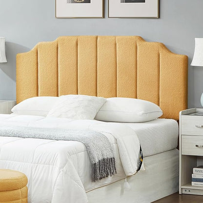 24KF Yellow Teddy Fabric Tufted for Queen Upholstered Headboard, Modern Vertical Channel Design Full Headboard with Stepped Silhouette Top Edge,6026-Q-Teddy Yellow