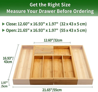 VaeFae Bamboo Silverware Drawer Organizer Kitchen, Expandable Utensil Organizer with Knife Block, Cutlery Tray with Divider, Multifunctional Wooden Drawer Organizer