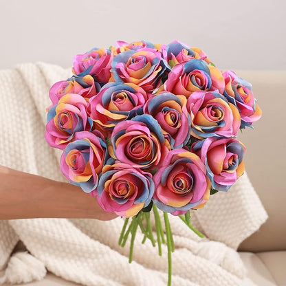 Rainbow Fake Roses Artificial Flowers - 10 Pcs Fake Artificial Roses Silk Flowers with Stems for Home Wedding Hotel Office Centerpiece Decor（Rainbow）