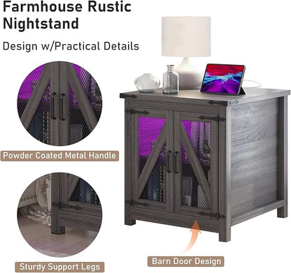Farmhouse End Table, 24" Large Sofa Side Table with Charging Station, Mesh Barn Door, and Adjustable Storage Shelf, Rustic Wood Square Nightstand for Living Room, Bedroom, Office, Grey