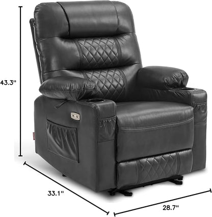 MCombo Zero Gravity Power Recliner Chair with Heat and Vibration Massage, Reclining Chair with USB Ports, Cup Holders for Living Room, Faux Leather PR621 (Grey)
