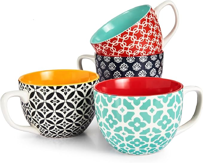 DOWAN Coffee Mugs Set of 4, 24 oz Large Coffee Mugs, Jumbo Soup Mugs With Handles, Ceramic Coffee Cups for Coffee Cereal Latte for Men Women, Housewarming Wedding Gift, Vibrant Colors