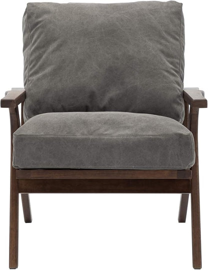 Wahson Mid Century Chair, Upholstered Accent Armchair, with Wood Frame and Canvas Cushions, Leisure Slipper Chair for Living Room/Bedroom, Grey
