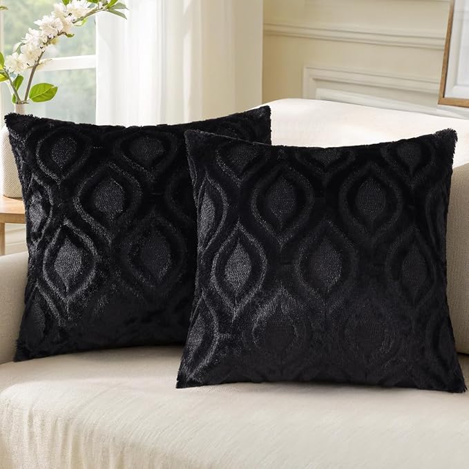 decorUhome Fall Throw Pillow Covers 20x20 Inch Set of 2, Soft Plush Decorative Faux Fur Black Solid Couch Pillow Covers, Accent Farmhouse Neutral Square Euro Pillow Cases for Sofa Bed Living Room