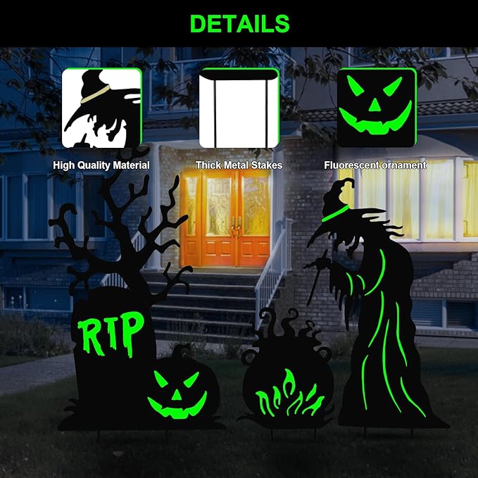 Halloween Yard Signs Outdoor Decorations，3 Pack Warerproof Scary Witch Tombstone Cauldron Fluorescent Metal Stakes Glow in The Dark for Lawn Garden Halloween Decor (Witch Tombstone Cauldron)