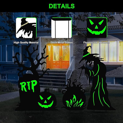 Halloween Yard Signs Outdoor Decorations，3 Pack Scary Large Witch Tombstone Cauldron Fluorescent Metal Stakes Glow in The Dark for Lawn Garden Halloween Decor (Large Witch Tombstone Cauldron)