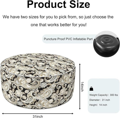 Inflatable Ottoman Stool D31 xH14 for Outdoor/Indoor Use, Water Repellent Patio Foot Rest Stool with Portable Handle,Round Pouf Ottoman Suitable for Garden,Deck and Camping - Paisley Black