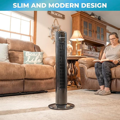 Comfort Zone 32-Inch Bladeless Tower Fan with 3 Speeds, 90° Oscillation, Portable Indoor Stand Fan with Built-In Carry Handle – Quiet Cooling for Bedroom, Black