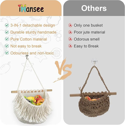 Hanging Baskets for Organizing, 3 Tier Detachable Wall Hanging Fruit Basket Over the Door Organizer for Fruit Vegetable Plant, Beige Boho Cotton Crocheted Fruit Holder for Kitchen Bathroom Bedroom