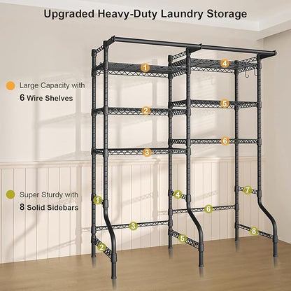 Ulif U13 Medium Over Washer and Dryer Storage Shelves, 6 Tiers Laundry Room Standing Shelf with 2 Hanger Rods, Space Saver Clothes Drying Rack, 57.8" W x 22" D x 77.4" H, Black