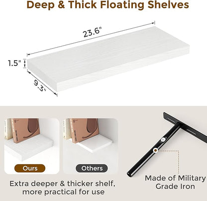24 Inch Floating Shelves, Rustic 24 x 9 White Floating Shelf for Wall, White Bathroom Shelves Set of 2, Farmhouse Wood Wall Shelf for Bedroom, Kitchen, 9 Inch Deep Shelves for Home Storage