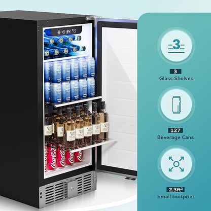 EUHOMY Beverage Refrigerator 15 Inch, Under Counter 127 Can Beverage Fridge with Stainless Steel Door, Beverage Cooler Built-in and Undercounter Drink Fridge - Soda Cola