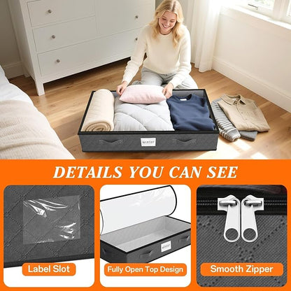 SpaceWhisper 90L Under Bed Storage Containers, 2-Pack Storage Bins with Clear Top, Foldable Closet Organizers and Storage with Label Holder for Clothing, Blankets, Comforter & Pillows (Grey)