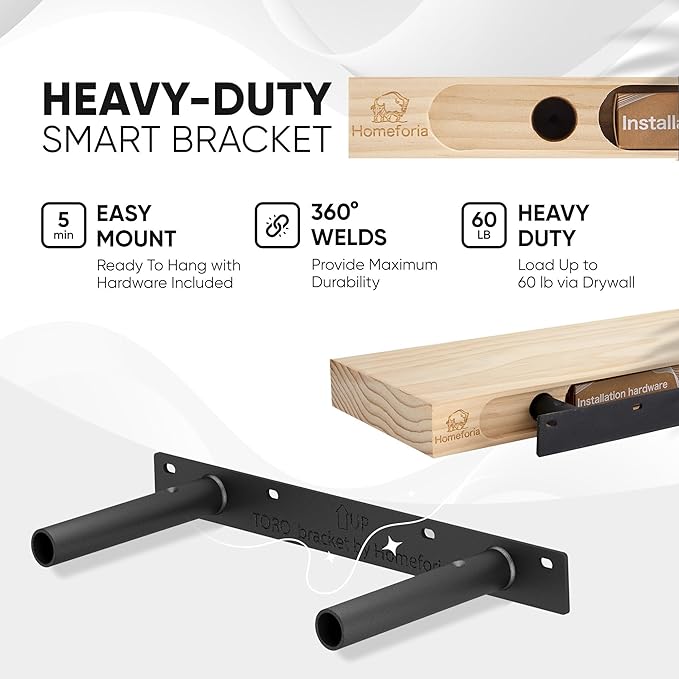 Homeforia 16 inch Black Floating Shelves, High End Solid Real Wood 16inch Bathroom Floating Shelves for Wall Mounted, 16in Wooden Small Floating Shelf, Heavy Duty Bracket, 16 X 6.5 X 1.75 in, Set of 4