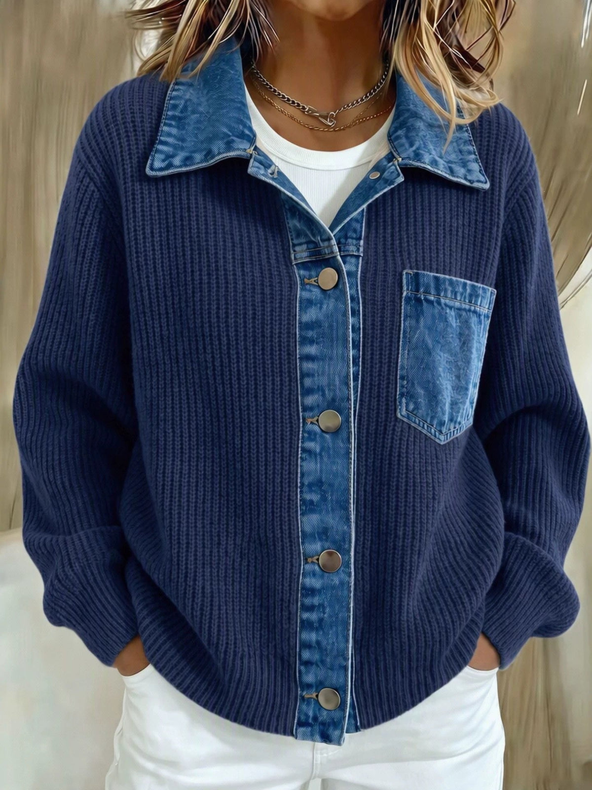 2026 European And American Cross-border Denim Patchwork Knit Cardigan For Women, Loose And Casual Style, Color-block Long-sleeve Sweater Jacket