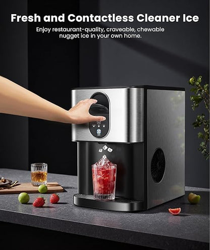 Nugget Ice Makers Countertop, Pellet Ice Maker Machine Dispenser with Water Reservoir with 44lbs/24H, Self-Cleaning, Soft Chewable Ice Maker Machine for Home/Kitchen/Office, Silver Stainless