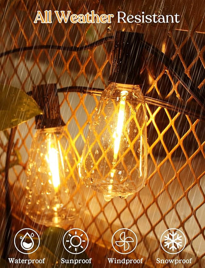 50 FT Outdoor String Lights - LED Waterproof Patio Lights with Dimmer Remote - Edison Bulbs for Porch, Backyard & Cafe/Bistro