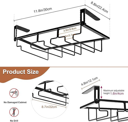 AUHOKY 2Pcs Adjustable Wine Glass Rack Under Cabinet, Punch-Free 3 Rows Stemware Metal Holder, Hanging Glass Storage Hanger Organizer for Shelf Kitchen Bar Decor (3 Rows, Black)