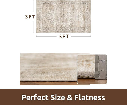 AMOAMI-3X5 Area Rug-Soft Washable Vintage Throw Accent Rugs for Living Room, Entryway, Bedroom, Kitchen, Bathroom, Laundry Room, Kitchen, Bathroom, Bedside, No Slip Beige