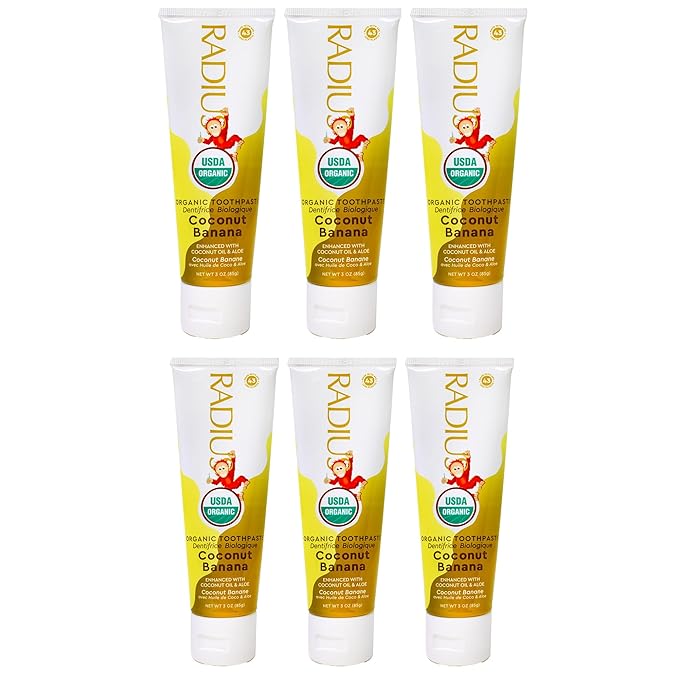 RADIUS USDA Organic Kids Toothpaste 3oz Non Toxic Chemical-Free Gluten-Free Designed to Improve Gum Health for Children's 6 Months and Up - Coconut Banana - Pack of 6