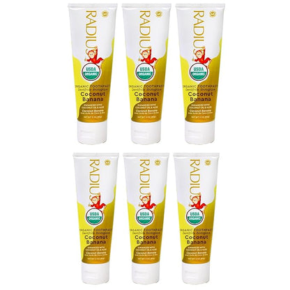 RADIUS USDA Organic Kids Toothpaste 3oz Non Toxic Chemical-Free Gluten-Free Designed to Improve Gum Health for Children's 6 Months and Up - Coconut Banana - Pack of 6