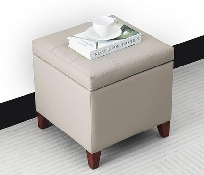 Adeco 18" PU Storage Ottoman, Upholstered Square Faux Leather Foot Rest - Flip Top Footstool with Sturdy Wood Legs, Small Cube Coffee Table Extra Seat for Living Room, Bedroom, Elephant Grey
