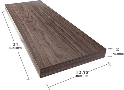 Large Floating Shelves for Wall Set of 1 Wooden Wall Shelves 24 in x 12.75 in x 2 in Room Decor Long Shelf with Invisible Wall Mount Bracket for Bedroom Kitchen Living Room Walnut