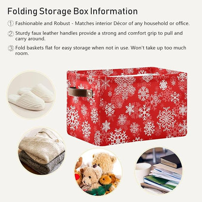 Christmas White Snowflakes on Red Storage Basket Cube Storage Bins Organizer Bag Collapsible Closet Shelf Baskets with handle for Baby Cloth Pet Toy Book 14.2×10.2×8.3 IN