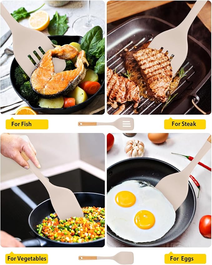 Pack of 2 Large Silicone Spatula, Heat Resistant Solid Turner, Non Stick Slotted Spatulas with Wooden Handle, Ideal Kitchen Utensils for Flipping, Pancakes, Eggs, Fish(KHAKI)