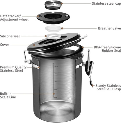 Veken Coffee Canister, Airtight Stainless Steel Kitchen Food Storage Container with Date Tracker and Scoop for Grounds Coffee, Beans, Tea, Flour, Cereal, Sugar, Cookies Jars, 22OZ Gray