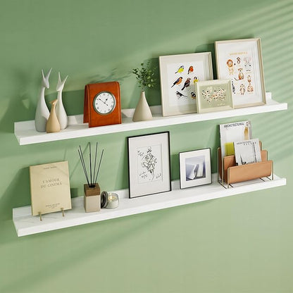 Floating Picture Ledge Shelves 55 Inch Solid Oak Wood Set of 2, Rustic Wall Storage Shelves with Lip, Kids Bookshelf, Photo & Picture Ledge Shelves for Bedroom, Living Room, Kitchen