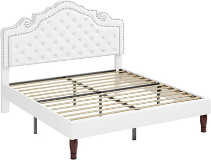 Allewie Queen Bed Frame with Adjustable Velvet Tiara Headboard, Upholstered Diamond Button Tufted Platform Bed, Wood Slats Support, No Box Spring Needed, Mattress Foundation, Easy Assembly, White