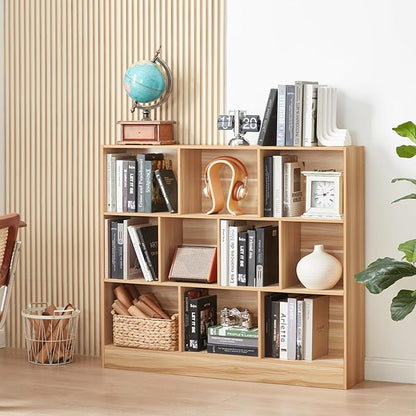 LEYAOYAO 10 Cube Bookshelf with Base,3 Tier Mid-Century Modern Grey Bookcase,Standing Wide Bookshelves Storage Organizer Shelf,Rustic Wood Display Cabinet Book Shelves for Bedroom,Living Room,Office