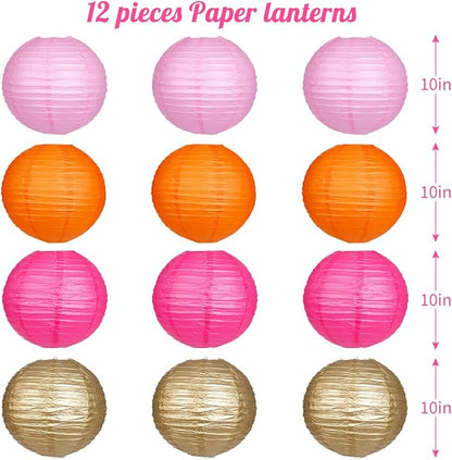 Paper Lanterns Pink Orange Gold Round Hanging Chinese Lanterns for Birthday Party Baby Shower Bridal Shower Decorations Pack of 12