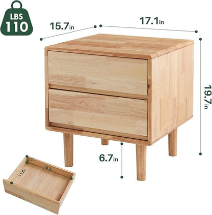 Modern Solid Wood Nightstand with Drawers - Mid Century Modern 2 Drawer Natural Wooden Small Narrow Nightstand Bedside Side End Table with Storage for Living Room Bedroom, 15.7" D x 17.1" W x 19.6" H