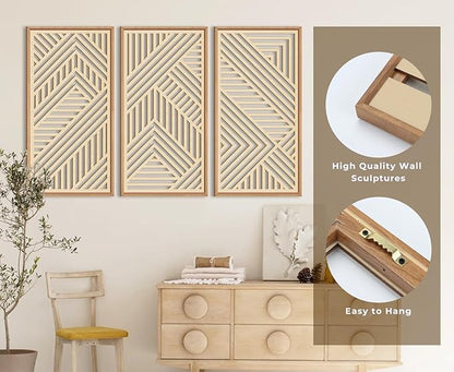 IARTTOP 3 Pieces Wood Boho Wall Art Framed Mid century Modern Wooden Wall Decor Large Minimalist Geometric Line Decor for Living Room Bedroom Office-16 x32