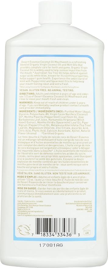 Desert Essence Coconut Oil Mouthwash- Alcohol & Sugar-Free - Coconut Oil & Tea Tree Oil Mouthwash for Adults & Kids 6+ - Promotes Gum Health, Fresh Breath, Soothing