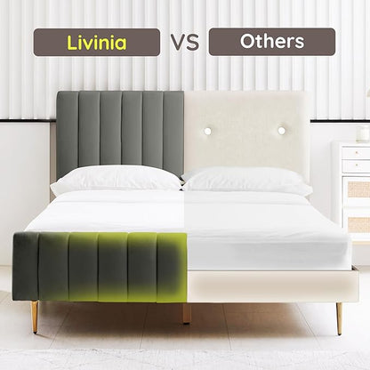 Livinia King Size Elton Velvet Platform Bed, Upholstered Bed Frame with Vertical Channel Tufted Headboard Footboard, Strong Wood Slats, No Box Spring Needed, Gray (King)