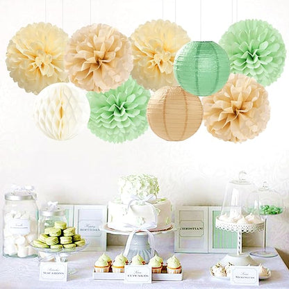 Sage Green-Boho Party-Decorations Paper-Flowers Lanterns - 15PCS Safari Rustic Neutral Baby Shower Tissue Pom Poms Streamers, Champagne Gold Birthday Wedding Graduation Hanging Supplies Decor Hugfond