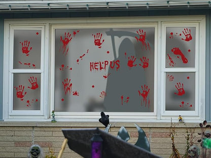 Halloween Clings- Bloody Handprint Footprint Floor Stickers, Scary Halloween Party Decor for Windows and Cars, Indoor/Outdoor Use - 12 Sheets