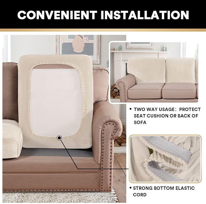 PrinceDeco Sectional Couch Cushion Covers 3 Pieces Velvet Separate Couch Cover Extra Large Stretch Sofa Slipcover Washable Furniture Protector for Sectional Sofa(Each Width Up to 40", Ivory)