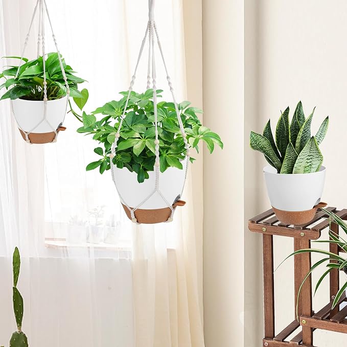 41.5 Inch Macrame Plant Hanger Indoor Outdoor with 12 Inch Flower Pot, Hanging Planter for Plants Holder with Wood Beads for Boho Home Decor (Ivory+White)