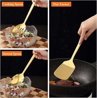 Homquen Gold Kitchen Utensils Set 4pcs, Titanium Gold Plating Stainless Steel Cooking Utensils Set, Kitchen Tools Spatulas Set, Cooking Spoons, Home Essentials Kitchen Gadgets Accessories