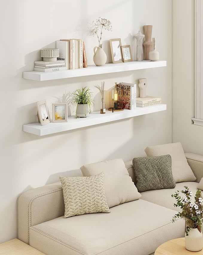 Marsmiles 39" Floating Shelves for Wall, Wooden Shelves with Invisible Brackets Set of 2, Rustic Farmhouse Wall Mounted Shelf for Kitchen Bathroom Living Room Study, White