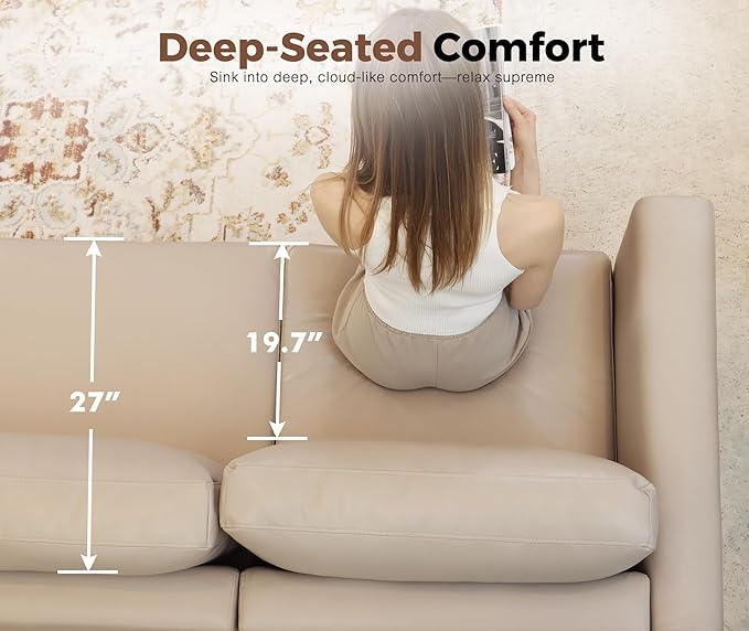 118.5" Oversized Modular Sectional Sofa, Faux Leather 6 Seater U Shaped Couch with Movable Ottoman and Storage Seat with Reversible Chaise Deep Seat for Living Room Whitesand