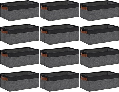 GhvyenntteS Small Fabric Storage Bins 12 Pack, 11.8" x 7.87" x 5.11" Storage Basket with Leather Handles, Closet Storage Bins for Shelves, Storage Baskets for Shelves, DVD Storage (Grey/Black)